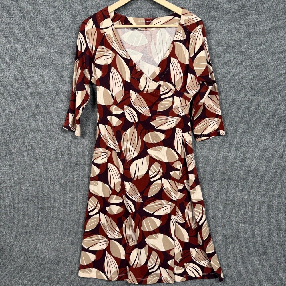 Soft Surroundings Size Medium Wrap‎ Midi Dress Brown Fall Leaves Abstract Print